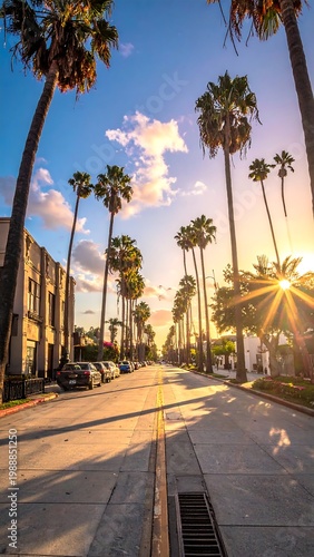 A sunlit street lined with tall palm trees, light shining through them. Cars parked along the side and a building visible