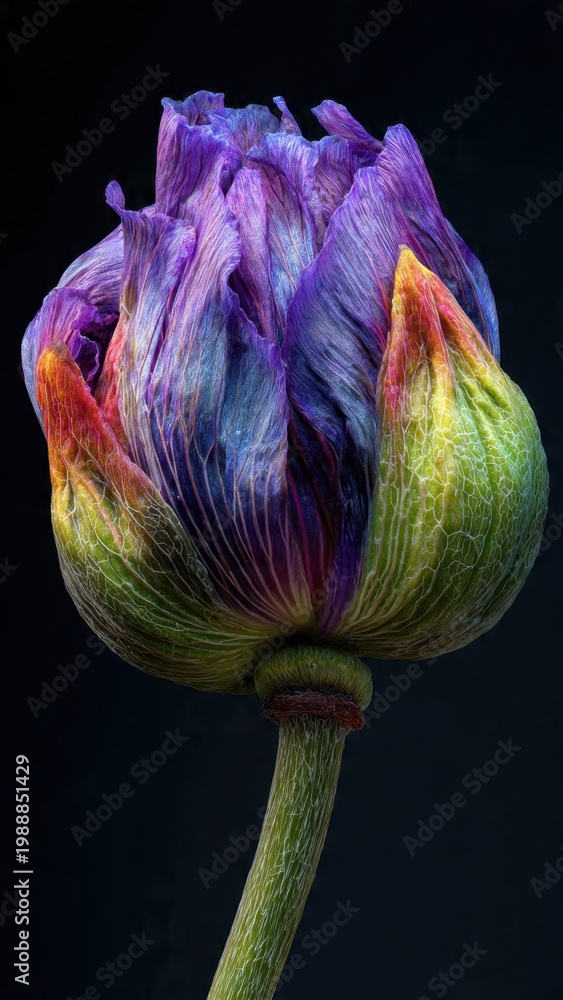 Fototapeta premium Vibrant Rainbow Poppy Bud Against Dark Background