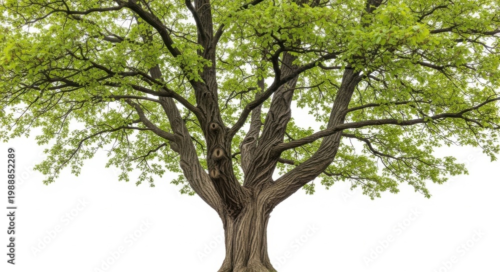 Fototapeta premium Large Oak Tree with Lush Green Leaves in Spring, Isolated on White Background