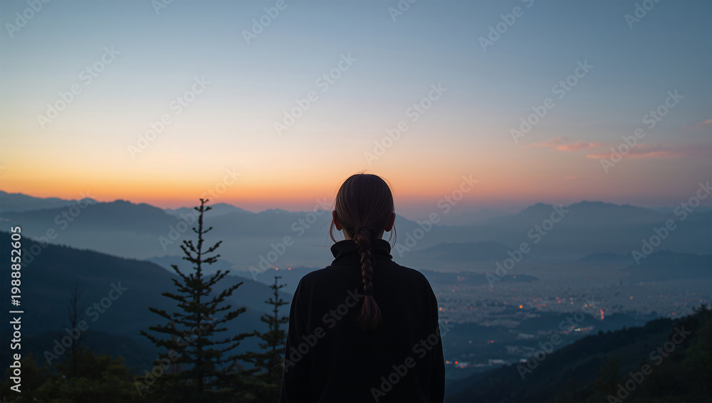 Fototapeta premium 夜明け前の高台で景色を眺める日本人女性の静かな写真