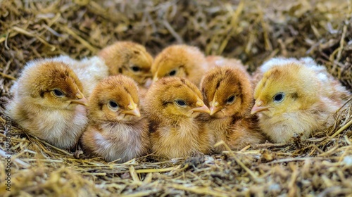 huddled. Seven newly hatched chicks huddled closely together in a nest. wildlife magazines, conservation campaigns, designed for nature documentaries and education, used by nutritionists.
