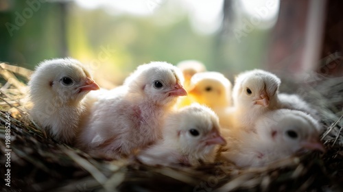 huddled. Seven newly hatched chicks huddled closely together in a nest. wildlife magazines, conservation campaigns, designed for nature documentaries and education, used by nutritionists.
