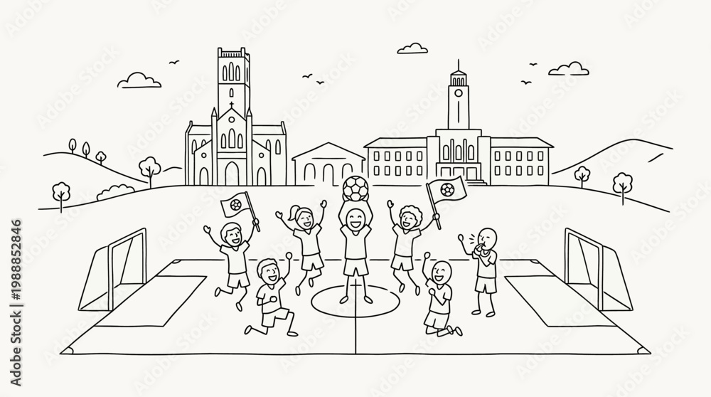 Fototapeta premium Joyful children celebrating a soccer goal with flags and excitement.