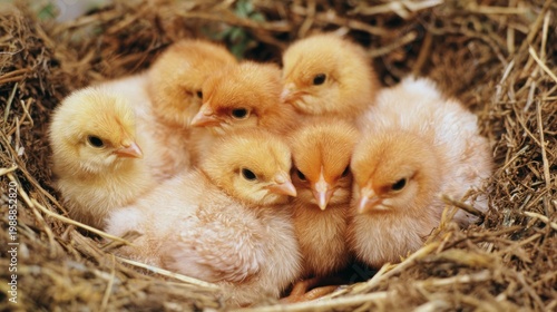 huddled. Seven newly hatched chicks huddled closely together in a nest. wildlife magazines, conservation campaigns, designed for nature documentaries and education, used by nutritionists.
