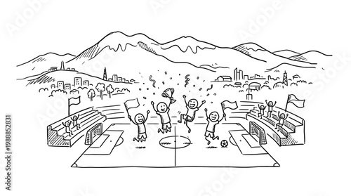 Excited stick figure soccer players celebrating a victory on the field.