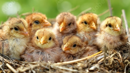 huddled. Seven newly hatched chicks huddled closely together in a nest. wildlife magazines, conservation campaigns, designed for nature documentaries and education, used by nutritionists.
