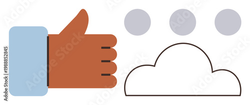Feedback, cloud storage, online services, data sharing, user engagement, digital interaction. Hand showing thumbs-up next to a cloud icon and three dots. Feedback and cloud storage concept
