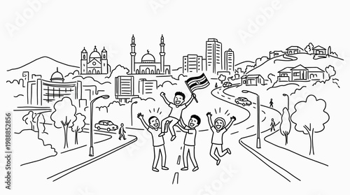 Joyful Group of People Celebrating with Flag in City Street.