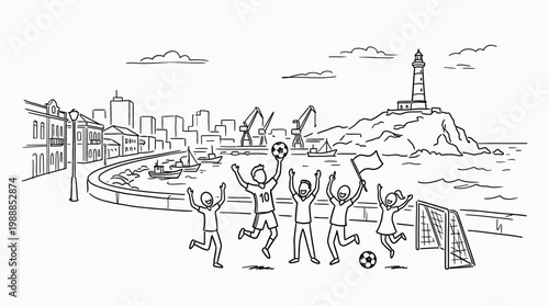 Joyful Soccer Team Celebrating Victory on Seaside Promenade.