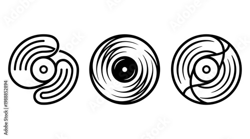 Three Unique Black and White Vinyl Record Designs for Music Lovers.