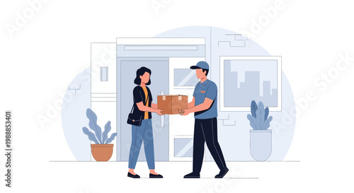 Delivery man giving package to woman at her home, logistics and e-commerce concept