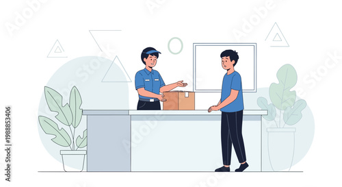 Delivery man handing package to customer at counter, modern office setting
