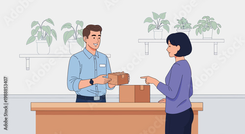 Delivery man handing package to customer at counter, postal service, e-commerce delivery