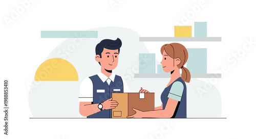Delivery man hands package to customer in store, logistics and e-commerce concept
