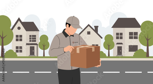 Delivery man holding package on street with houses and trees background
