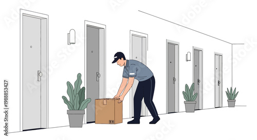 Delivery man leaving package at apartment door, contactless delivery, logistics service