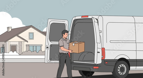 Delivery man loading package into white cargo van on suburban street