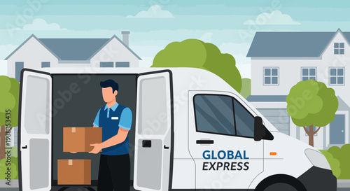 Delivery man loading packages into a Global Express van in a suburban neighborhood