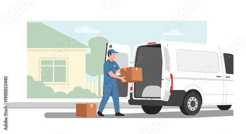 Delivery man loading boxes into a white van outside a house, logistics concept