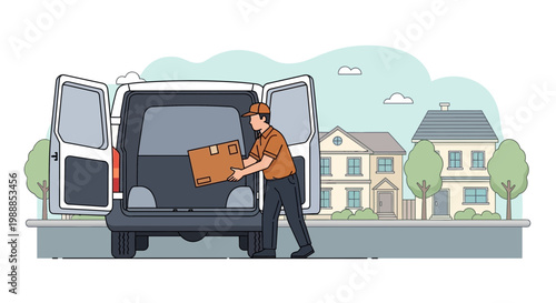 Delivery man loading package into van on residential street, suburban houses background