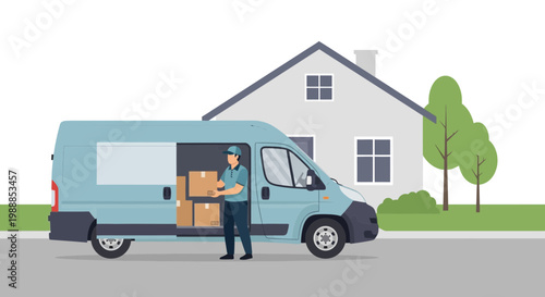 Delivery man loading boxes into a van outside a house, logistics and shipping concept