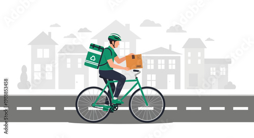 Delivery man on bicycle with package and insulated bag in city street