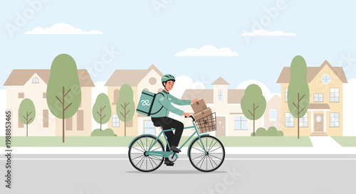 Delivery man on bicycle with packages in a suburban neighborhood