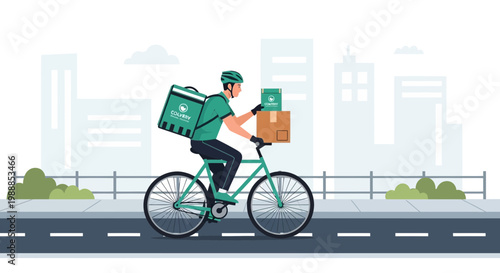 Delivery man on bicycle with packages in city
