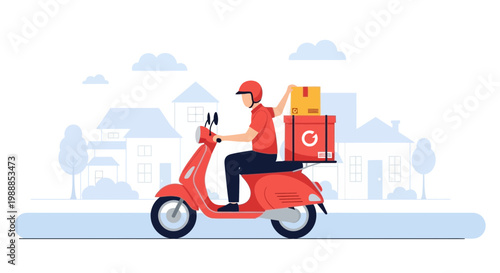 Delivery man on red scooter with packages in city street, fast delivery service concept