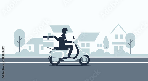 Delivery man on scooter delivering package in suburban neighborhood with houses and trees