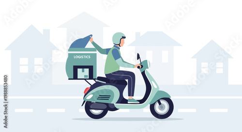 Delivery man on scooter with logistics box in residential area, fast delivery concept