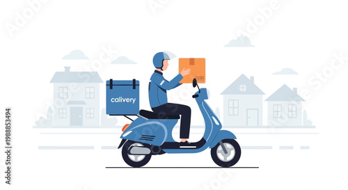 Delivery man on scooter with package and blue insulated box, urban background