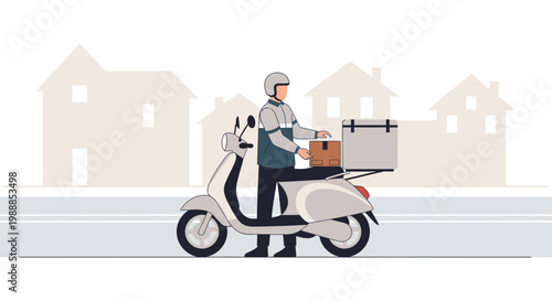 Delivery man on scooter with package and thermal box, urban background