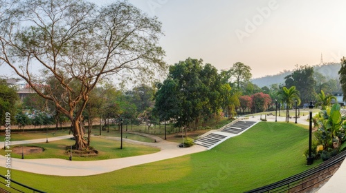 fountain. Panoramic view of a lush city park with winding paths, bathed in soft morning sunlight. travel magazines, destination branding, designed for travel destination branding.
