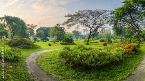 fountain. Panoramic view of a lush city park with winding paths, bathed in soft morning sunlight. travel magazines, destination branding, designed for travel destination branding.
