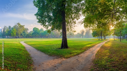 fountain. Panoramic view of a lush city park with winding paths, bathed in soft morning sunlight. travel magazines, destination branding, designed for travel destination branding.
