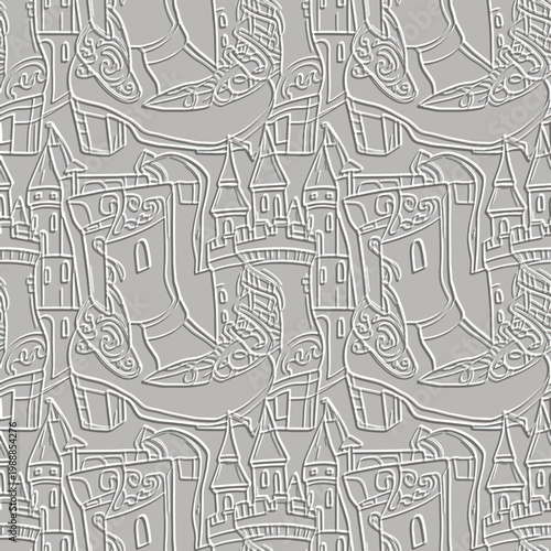 Creative 3D embossed seamless pattern with relief fairy tale castle boots. Grey monochrome vector background with lines whimsical footwear architecture and tower details for unique wallpaper designs.