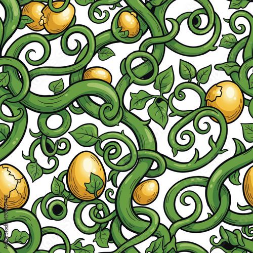 Seamless vector pattern with golden eggs nestled in lush, winding green beanstalk vines. Fantasy fairy tale background with organic swirls, leaves, and magic beans concept in a hand drawn style.