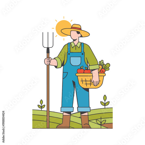 Male farmer in overalls and a straw hat holding a pitchfork and a basket of fresh vegetables. Vector illustration of agricultural work, harvesting, and organic farming under the sun.