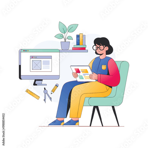 Female designer working on web projects using a tablet and computer. Flat vector illustration of a creative professional developing website layouts in a modern home office setting.