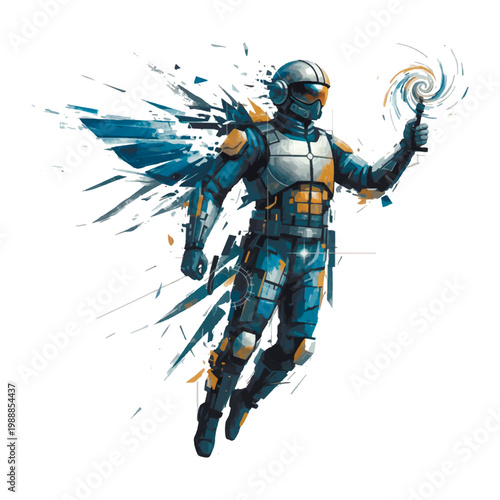 Futuristic pilot in advanced suit with shattered wing fragments and dynamic motion, holding a glowing energy swirl. Modern sci-fi illustration with abstract splashes on clean white background.