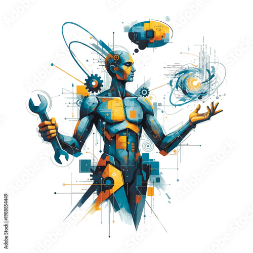 Abstract male cyborg scientist holds wrench, manipulates vortex. Future of technology and innovation. Vector modern isolated illustration on white background.