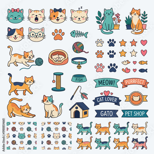 A vibrant collection of cartoon cats and their accessories, including food bowls, scratching posts, toys, and paw prints, set against a light background.