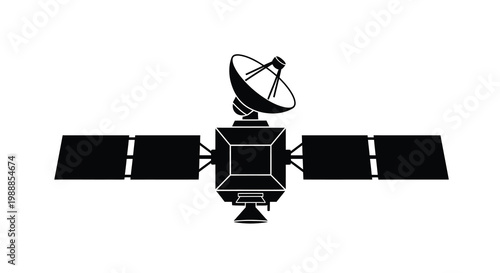 A black and white illustration depicts a satellite with a large dish antenna and solar panels