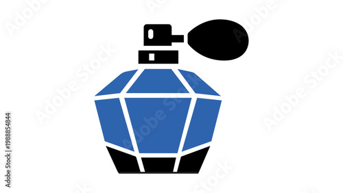 A modern flat vector icon of an elegant blue faceted glass perfume bottle with a black atomizer bulb and base, isolated on a white background for beauty, fashion, and luxury design projects.