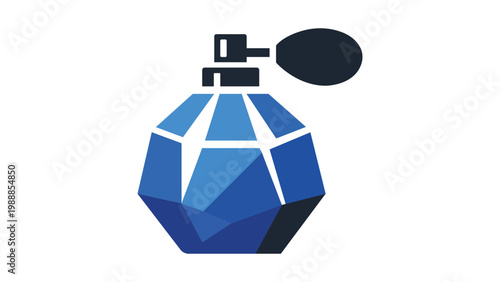 Elegant blue faceted perfume bottle vector icon illustration. Modern flat design of a luxury fragrance atomizer with a black pump bulb, isolated on a white background for beauty and fashion branding.