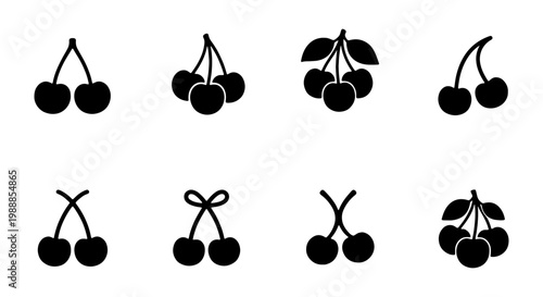 Minimalist cherry icon set, black fruit silhouettes, 8 organic berry vector elements