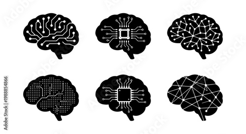 Artificial intelligence brain icons, digital neural network set, 6 tech vector elements