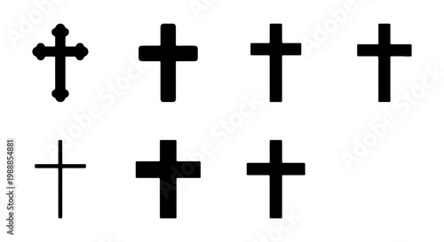 Christian cross icon set, religious crucifix symbols, 7 black vector church elements