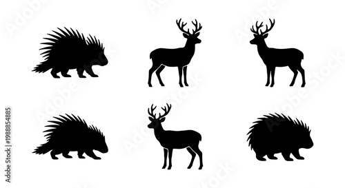 Wild animal silhouettes, deer and porcupine vector set, black forest fauna icons